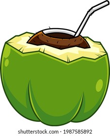 Cartoon Green Coconut Drink Shell With Straw. Vector Hand Drawn Illustration Isolated On Transparent Background