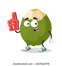 cartoon green coconut fruit character mascot with the number 1 one sports fan hand glove on a white background
