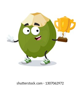 cartoon green coconut fruit mascot holds the number one cup on white background