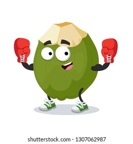 cartoon green coconut fruit mascot in red boxing gloves on white background