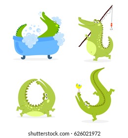 Cartoon green crocodile funny predator australian wildlife river reptile alligator flat vector illustration.