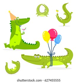Cartoon green crocodile funny predator australian wildlife river reptile alligator flat vector illustration.