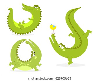 Cartoon green crocodile funny predator australian wildlife river reptile alligator flat vector illustration.