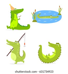 Cartoon green crocodile funny predator australian wildlife river reptile alligator flat vector illustration.