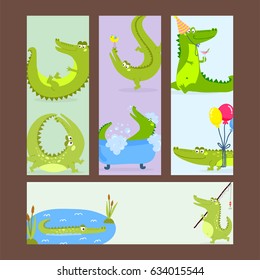 Cartoon green crocodile funny predator australian wildlife river reptile alligator flat vector illustration.