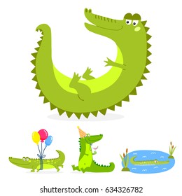 Cartoon green crocodile funny predator australian wildlife river reptile alligator flat vector illustration.