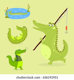 Cartoon green crocodile funny predator australian wildlife river reptile alligator flat vector illustration.