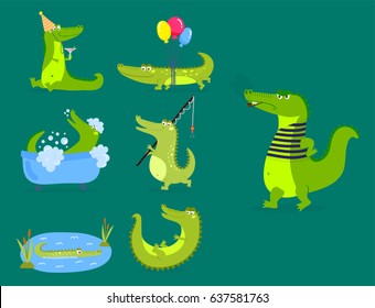 Cartoon green crocodile funny predator australian wildlife river reptile alligator flat vector illustration.