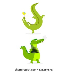 Cartoon green crocodile funny predator australian wildlife river reptile alligator flat vector illustration.