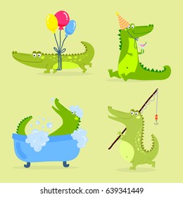 Cartoon green crocodile funny predator australian wildlife river reptile alligator flat vector illustration.