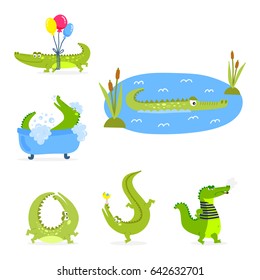 Cartoon green crocodile funny predator australian wildlife river reptile alligator flat vector illustration.
