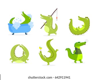 Cartoon green crocodile funny predator australian wildlife river reptile alligator flat vector illustration.