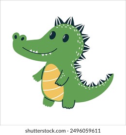 Cartoon Green Crocodile Illustration With Spiky Back and Yellow Belly