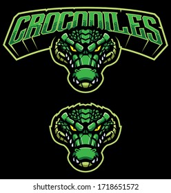 Cartoon green crocodile mascot on black background.