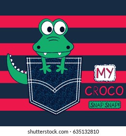 cartoon green crocodile in the pocket, T-shirt graphics for kids, alligator on striped background vector illustration
