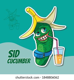 Cartoon green cucumber with banana hat with shoulder bag drinking orange juice through a straw.