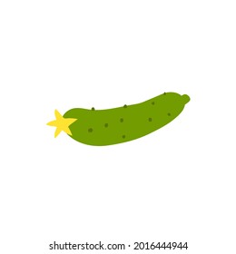 Cartoon green cucumber isolated. Vector stock illustration of a cucumber with a yellow flower. Heat-loving vegetable crop on a white background.