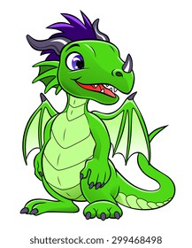 Cartoon green cute dragon on the white background.