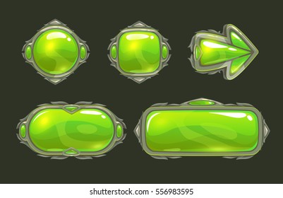 Botões decorativos verdes de desenhos animados configurados para design de jogos ou web.