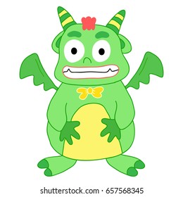 Cartoon green devil monster with wings,Hand drawn,Vector,Illustrations.