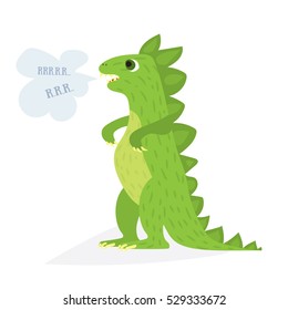 Cartoon green dinosaur. Flat vector illustration. Comic dino character, isolated on white background.