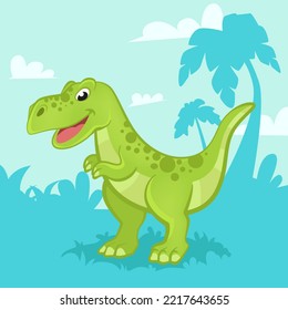 Cartoon green dinosaur on a blue background. Prehistoric time