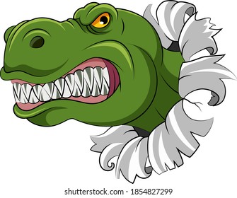 The cartoon of the green dinosaur with the sharp teeth out from the hole walls