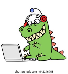 Cartoon green dinosaur sitting at the silver laptop. Vector illustration. Digital drawing cute imaginary character.