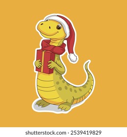 Cartoon green dinosaur wearing a New Year's red hat with a gift in his paws. Christmas stickers.