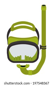 Cartoon green diving mask with snorkel on transparent background
