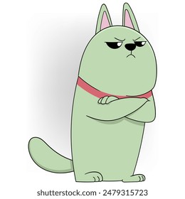 Cartoon of a green dog with a grumpy expression and crossed arms. Perfect for humorous and expressive-themed designs.
