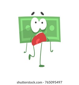 Cartoon green dollar with scared face expression. Funny money character with legs, arms and big eyes. Unit of currency. Flat design vector for sticker, print or mobile app
