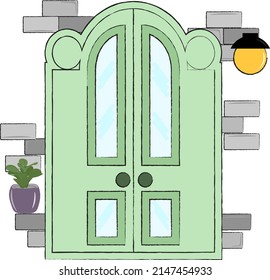 cartoon green door with windows