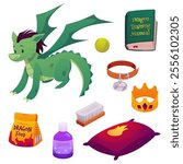 Cartoon green dragon with accessories vector set. Cute fantasy animal monster character. Fairy tale stuff golden crown, food, shampoo and fetlock, ball toy, collar with pendant, pillow