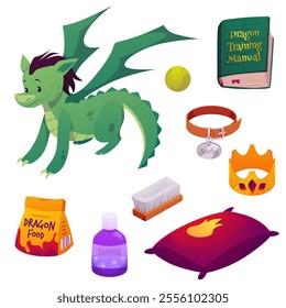 Cartoon green dragon with accessories vector set. Cute fantasy animal monster character. Fairy tale stuff golden crown, food, shampoo and fetlock, ball toy, collar with pendant, pillow