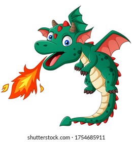 Cartoon green dragon posing with fire. Vector illustration