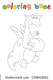 Cartoon green dragon puts a coin in the piggy bank. Coloring book for kids. Digital illustration