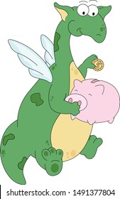 Cartoon green dragon puts a coin in a piggy bank. Digital illustration