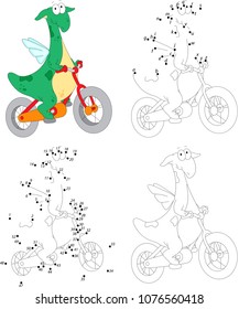 Cartoon green dragon rides a bicycle. Coloring book and dot to dot educational game for kids