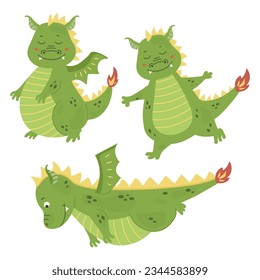 Cartoon green dragon set, baby dinosaur for kids