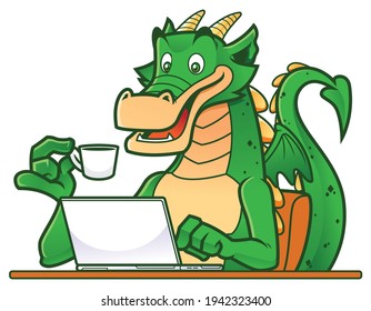 Cartoon green dragon working on his laptop while drinking tea or coffee.