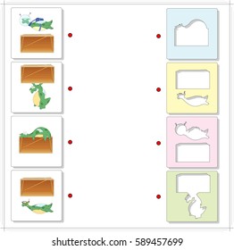 Cartoon green dragons. Educational game for kids. Choose the correct silhouettes on the opposite side and connect the points
