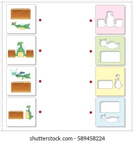 Cartoon green dragons. Educational game for kids. Choose the correct silhouettes on the opposite side and connect the points