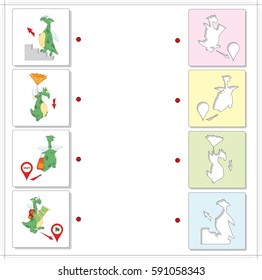 Cartoon green dragons. Educational game for kids. Choose the correct silhouettes on the opposite side and connect the points