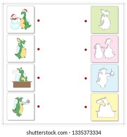 Cartoon green dragons. Irregular verbs make, hear, say and get. Educational game for kids. Choose the correct silhouettes on the opposite side and connect the points