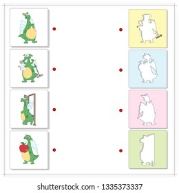 Cartoon green dragons. Irregular verbs do, be, come and have. Educational game for kids. Choose the correct silhouettes on the opposite side and connect the points