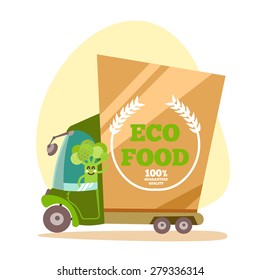 Cartoon Green Eco Food Delivery Truck. Vector Illustration