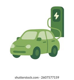 Cartoon green electric car at charging station. Clean energy concept and eco transport symbol.