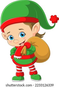 Cartoon green elf with sack of illustration