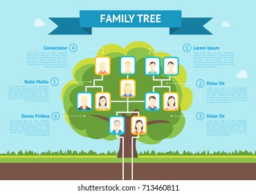 Cartoon Green Family Tree With Photo Concept Of Genealogical History Infographic Card Poster Flat Design Style. Vector Illustration